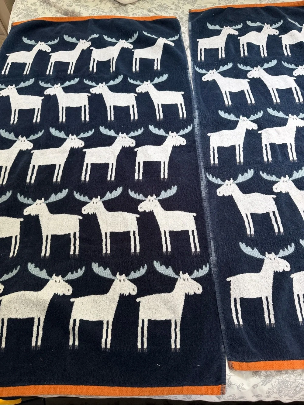 Moose Pattern Bath Towels - Navy, White & Light Blue